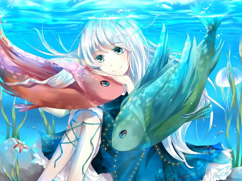 Anime,Mädchen,Sea,Fische