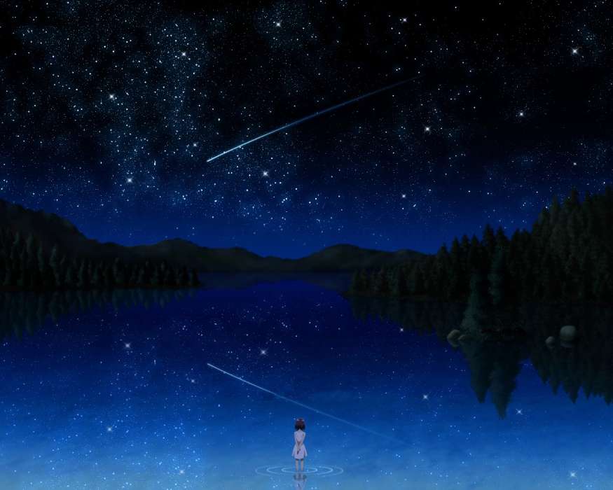Anime,Landschaft,Mädchen,Sterne,Übernachtung,Seen