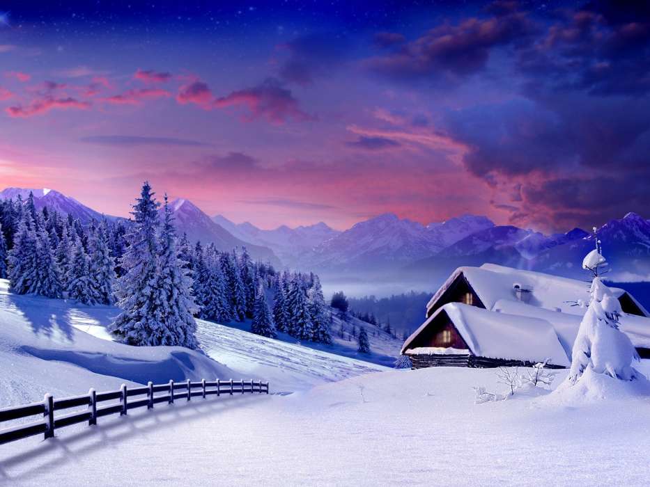 Landschaft,Winterreifen,Häuser,Mountains,Schnee