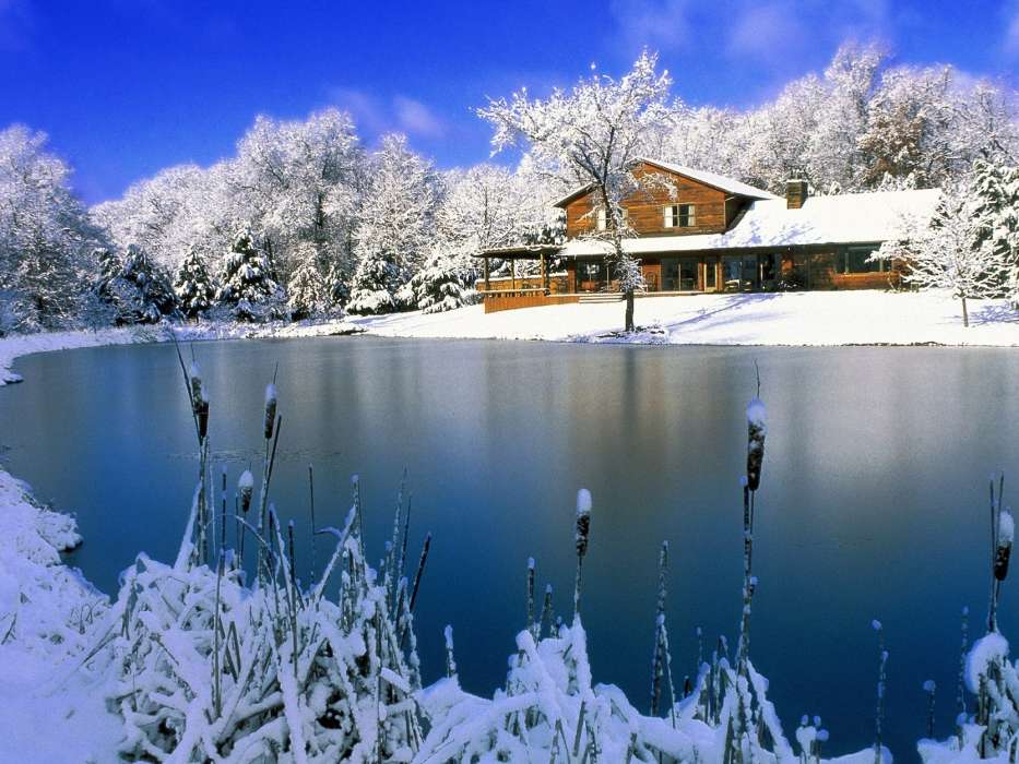 Landschaft,Winterreifen,Häuser,Schnee,Seen