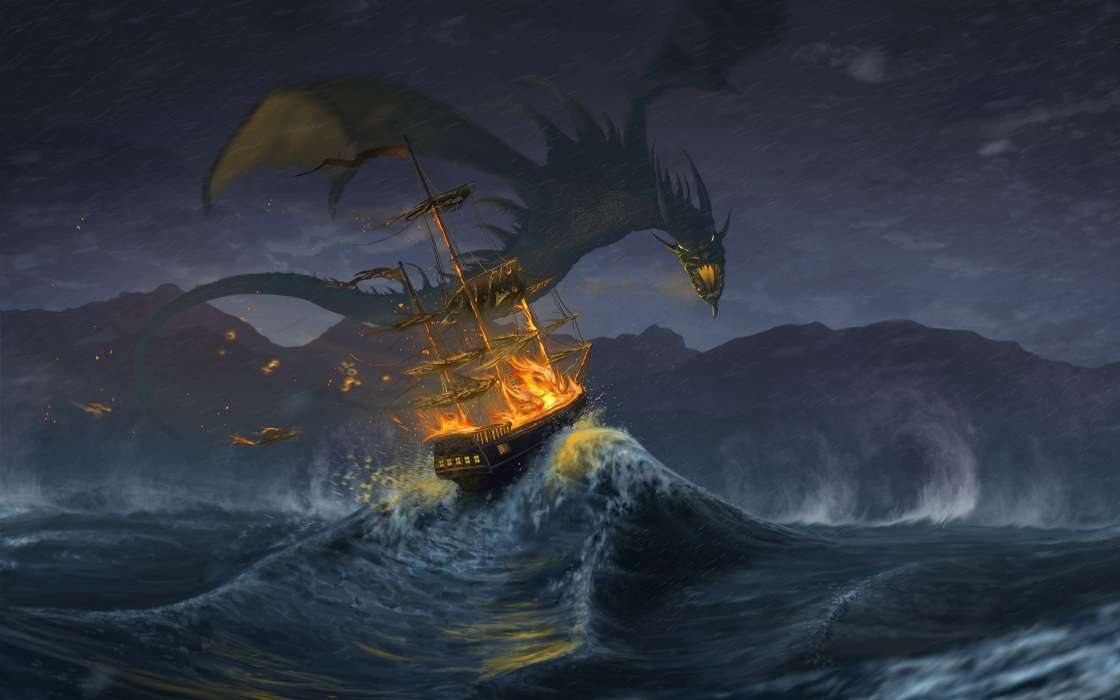 Wasser,Fantasie,Schiffe,Dragons,Feuer