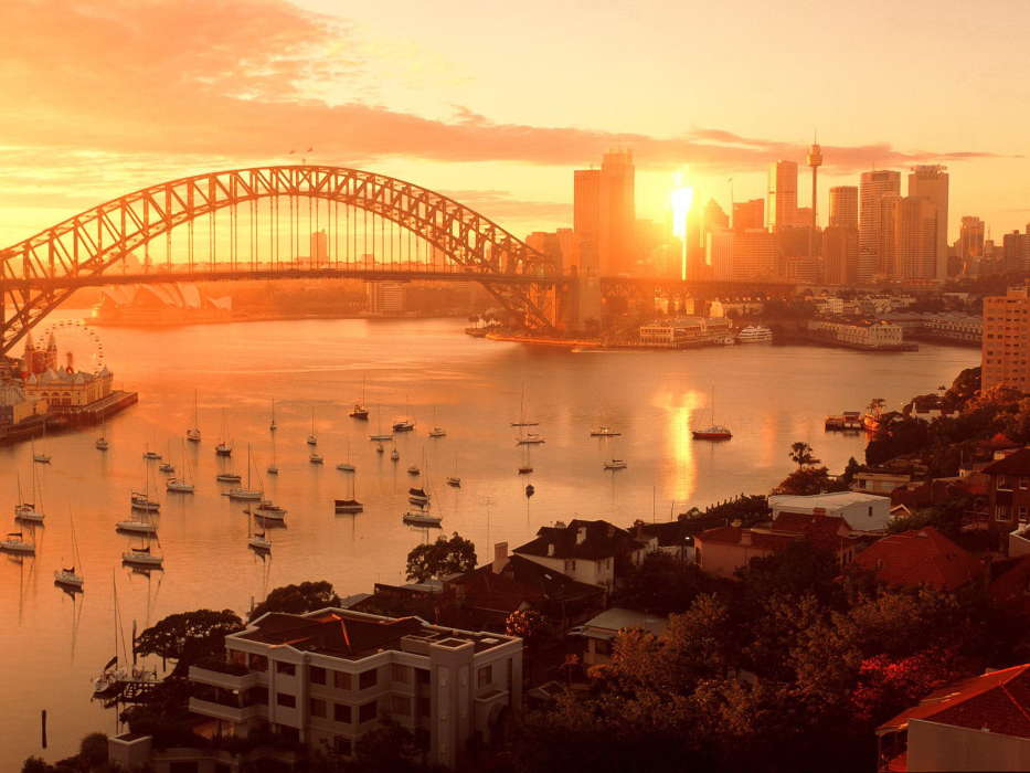 Landschaft,Städte,Bridges,Sunset,Boote,Sydney