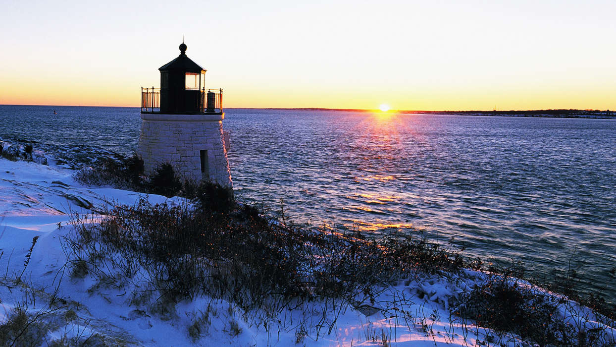 Landschaft,Winterreifen,Sunset,Sea,Schnee,Leuchttürme