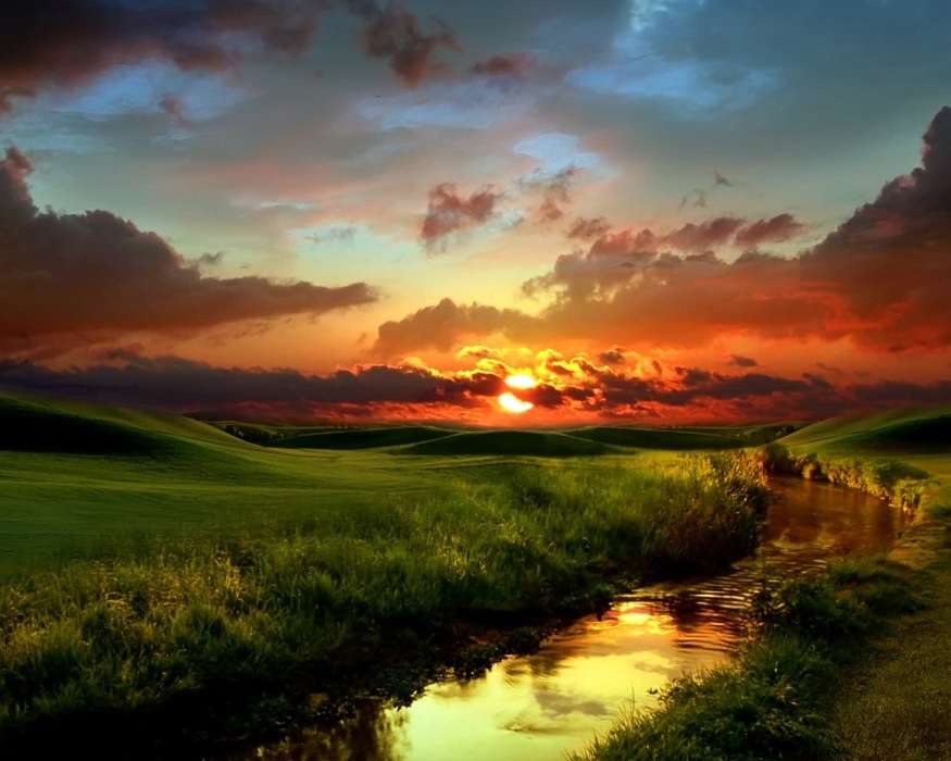 Landschaft,Flüsse,Sunset,Grass,Sky,Sun