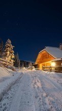 Lade kostenlos Hintergrundbilder Landschaft,Winterreifen,Häuser,Bäume,Übernachtung,Schnee für Handy oder Tablet herunter.