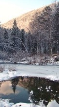 Lade kostenlos Hintergrundbilder Landschaft,Winterreifen,Bäume,Schnee,Tannenbaum,Seen für Handy oder Tablet herunter.