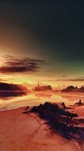 Lade kostenlos Hintergrundbilder Landschaft,Fantasie,Sunset,Mountains,Sea für Handy oder Tablet herunter.