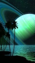 Lade kostenlos Hintergrundbilder Sky,Planets,Sea,Übernachtung,Palms,Landschaft,Fantasie für Handy oder Tablet herunter.