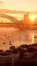 Lade kostenlos Hintergrundbilder Landschaft,Städte,Bridges,Sunset,Boote,Sydney für Handy oder Tablet herunter.