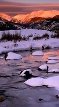 Lade kostenlos Hintergrundbilder Landschaft,Winterreifen,Flüsse,Sunset,Mountains,Schnee für Handy oder Tablet herunter.
