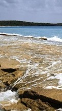 Lade kostenlos Hintergrundbilder Landschaft,Stones,Sea,Waves,Strand,Palms für Handy oder Tablet herunter.
