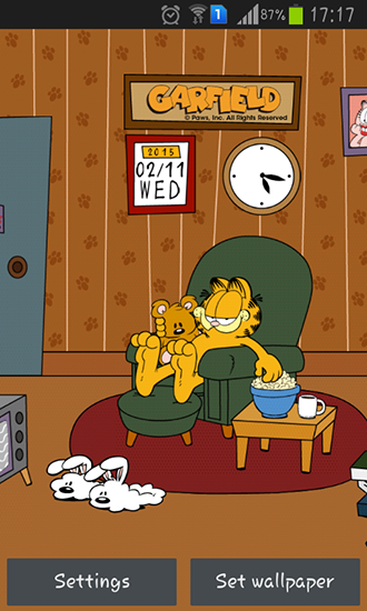 Download Mit Uhr Live Wallpaper Trautes Heim: Garfield für Android kostenlos.