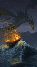 Lade kostenlos Hintergrundbilder Wasser,Fantasie,Schiffe,Dragons,Feuer für Handy oder Tablet herunter.