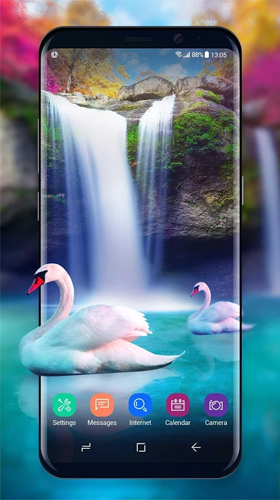 Kostenlos Live Wallpaper Wasserfall und Schwan  für Android Smartphones und Tablets downloaden.